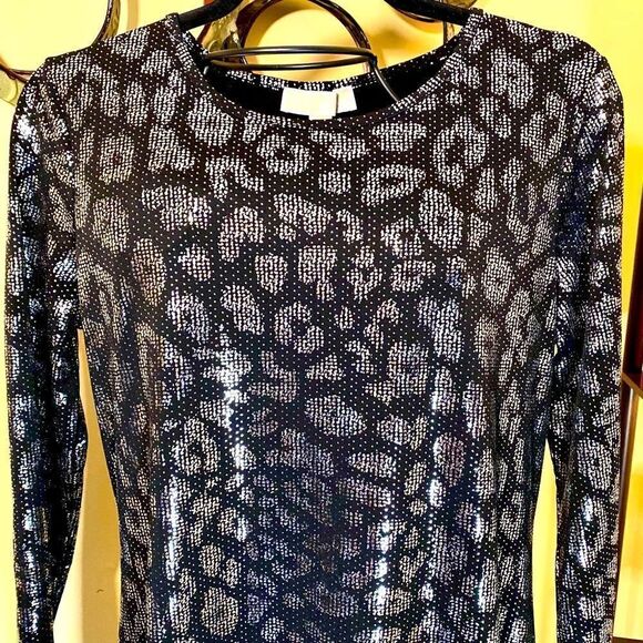 MICHAEL KORS BLACK & SILVER METALLIC LEOPARD PRINT SHIFT DRESS L NWT - Picture 10 of 16